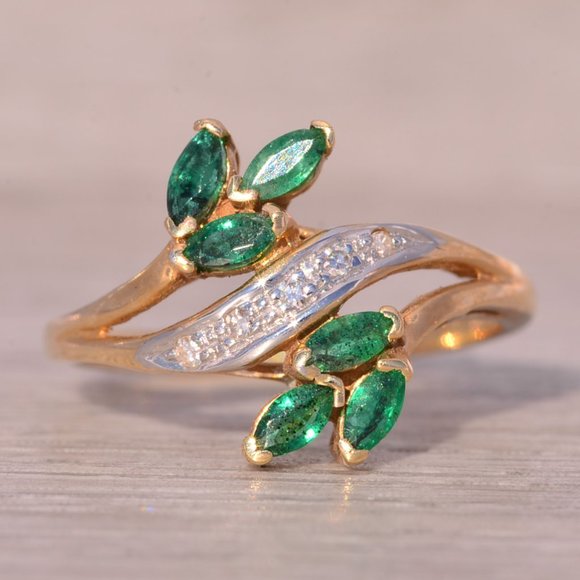 Emerald and Natural Diamond Bypass Ring in Yellow Gold
